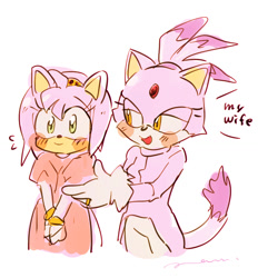 Size: 1358x1466 | Tagged: safe, artist:pamd3, amy rose, blaze the cat, cat, hedgehog, 2021, amy x blaze, blaze's tailcoat, blushing, cute, english text, female, females only, lesbian, shipping, wedding ring