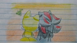 Size: 644x359 | Tagged: safe, artist:koffecitoa, miles "tails" prower, shadow the hedgehog, 2022, duo, gay, leaning on each other, lined paper, male, males only, outdoors, shadow x tails, shipping, sitting, sunset, traditional media