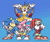 Size: 513x435 | Tagged: safe, artist:tuna-cereal-box, amy rose, knuckles the echidna, miles "tails" prower, sonic the hedgehog, echidna, fox, hedgehog, sonic superstars, abstract background, classic amy, classic knuckles, classic sonic, classic sonic (universe), classic tails, female, flying, group, looking at viewer, male, smile, spinning tails, standing, v sign