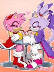 Size: 768x1024 | Tagged: safe, artist:memem_105, amy rose, blaze the cat, cat, hedgehog, 2022, amy x blaze, amy's halterneck dress, blaze's tailcoat, blushing, cute, date, drinking, eyes closed, female, females only, heart, lesbian, shipping