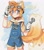 Size: 800x908 | Tagged: safe, artist:feli.chii_art, miles "tails" prower, human, abstract background, blushing, character name, goggles, holding something, humanized, japanese text, looking at viewer, male, older, overalls, partially humanized, smile, solo, wrench