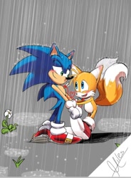 Size: 608x828 | Tagged: safe, artist:dean_it, miles "tails" prower, sonic the hedgehog, abstract background, blushing, blushing ears, cupid arrow, duo, flower, gay, heart, holding arm, looking at each other, outdoors, puddle, rain, shipping, signature, smile, sonic x tails, standing