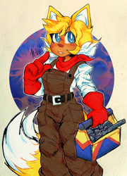 Size: 1476x2047 | Tagged: safe, artist:selfheartful, miles "tails" prower, human, abstract background, bandana, belt, blushing, clenched teeth, female, gender swap, holding something, humanized, looking at viewer, overalls, partially humanized, red gloves, signature, solo, standing, toolbox