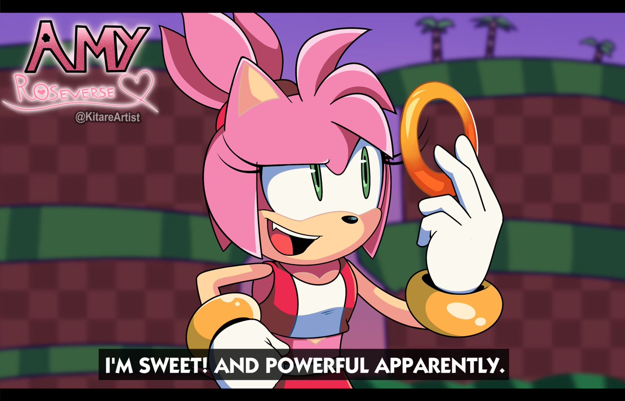 #13236 - safe, artist:kitarehamakura, amy rose, hedgehog, green hill zone, sonic prime, 2022, abstract background, alternate universe, au:roseverse, dialogue, english text, female, holding something, ring, role swap, smile, solo, standing - art.mobius.social #13236 - safe, artist:kitarehamakura, amy rose, hedgehog, green hill zone, sonic prime, 2022, abstract background, alternate universe, au:roseverse, dialogue, english text, female, holding something, ring, role swap, smile, solo, standing - art.mobius.social