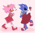 Size: 2048x1961 | Tagged: safe, artist:venomousautism, amy rose, metal sonic, black sclera, blushing, dress, duo, ear piercing, eyelashes, female, females only, half r63 shipping, heart, lesbian, looking at something, looking at them, metamy, pink background, robot, shadow (lighting), shipping, simple background, skirt, smile, standing, trans female, trans girl metal sonic, transgender, walking