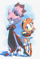 Size: 540x788 | Tagged: safe, artist:nanolovesyou, amy rose, blaze the cat, cat, hedgehog, 2023, amy x blaze, amy's halterneck dress, blaze's tailcoat, cute, female, females only, hands on back, lesbian, looking back, shipping