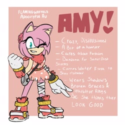 Size: 2048x2048 | Tagged: safe, artist:flamingwaffels, amy rose, alternate universe, au:post-apocolypse, bag, bandage, bandana, belt, border, character name, dress, english text, female, flower, pink background, shadow's gloves, shadow's hover skates, simple background, smile, standing, v sign, water bottle, wink