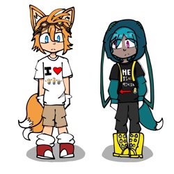 Size: 1280x1280 | Tagged: safe, artist:ghxstydoesstuff, kit the fennec, miles "tails" prower, human, clothes, duo, frown, gay, goggles, humanized, kitails, minion (despicable me), partially humanized, shipping, shirt, simple background, standing, white background