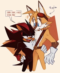 Size: 1668x2047 | Tagged: safe, artist:saturnlevite, miles "tails" prower, shadow the hedgehog, 2023, blushing, dialogue, duo, gay, heart, holding them, implied sonic, looking offscreen, meme, older, real man, shadow x tails, shipping, simple background, sonic boom (tv), speech bubble, standing, yellow background