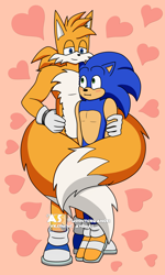 Size: 1800x3000 | Tagged: safe, artist:moontigerange1, miles "tails" prower, sonic the hedgehog, aged up, blue shoes, blushing, duo, gay, hand on arm, heart, looking at each other, older, shipping, simple background, sonic x tails, standing, tan background, yellow shoes