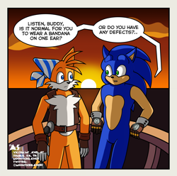 Size: 2048x2032 | Tagged: safe, artist:moontigerange1, miles "tails" prower, sails, sonic the hedgehog, sonic prime, abstract background, aged up, comic, dialogue, duo, gay, looking at each other, older, sails x sonic, shipping, sonic x tails, speech bubble, sunset