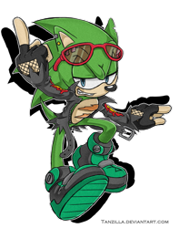 Size: 793x1008 | Tagged: safe, artist:tanzillaaaa, scourge the hedgehog, hedgehog, blue eyes, ear piercing, earring, ears, fangs, fingerless gloves, glasses, glasses on head, gloves, green fur, grin, jacket, male, middle finger, piercings, scars, sharp teeth, shoes, solo, solo male, sunglasses