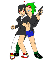 Size: 833x960 | Tagged: safe, artist:noooonswing, scourge the hedgehog, shadow the hedgehog, human, asymmetrical legwear, black hair, blue eyes, gay, glasses, glasses on head, green hair, gun, heart, humanized, jacket, male, red eyes, scars, shadourge, shipping, shoes, shorts, single leg pantyhose, sunglasses