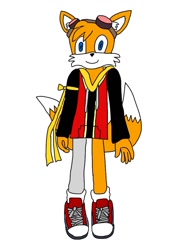 Size: 786x1017 | Tagged: safe, artist:noooonswing, miles "tails" prower, fox, asymmetrical legwear, barely sonic related, blue eyes, cosplay, goggles, goggles on head, hoodie, male, orange fur, rita mordio, shoes, single leg pantyhose, sneakers, socks, tales of vesperia