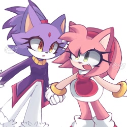 Size: 1280x1280 | Tagged: safe, artist:renstuff, amy rose, blaze the cat, cat, hedgehog, 2023, amy x blaze, amy's halterneck dress, amybetes, blaze's tailcoat, blazebetes, cute, female, females only, holding hands, lesbian, mouth open, shipping