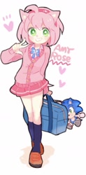 Size: 797x1621 | Tagged: artist needed, safe, amy rose, sonic the hedgehog, hedgehog, human, bag, blazer, bowtie, female, green eyes, hearts, humanized, kneehighs, loafers, male, partially humanized, pink hair, shirt, shoes, skirt, smile, smiling, socks, stuffed animal