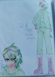 Size: 759x1052 | Tagged: safe, artist:noooonswing, jet the hawk, human, blue eyes, boots, collar, gloves, goggles, goggles on head, green hair, humanized, jacket, male, pants, partially humanized, shirt, tongue out, traditional media