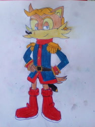 Size: 774x1032 | Tagged: safe, artist:theoneandonlycactus, antoine d'coolette, coyote, antoine's uniform, belt, blue eyes, boots, brown fur, jacket, male, sword