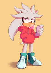 Size: 751x1063 | Tagged: safe, artist:deaddu, silver the hedgehog, hedgehog, bubblegum, grey fur, hoodie, male, shoes, smartphone, yellow eyes