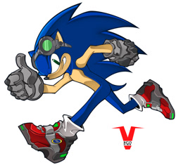 Size: 649x611 | Tagged: safe, artist:bleedman, sonic the hedgehog, hedgehog, blue fur, gloves, goggles, goggles on head, green eyes, male, shoes, socks