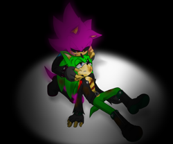 Size: 900x750 | Tagged: safe, artist:missydischa, scourge the hedgehog, super scourge, hedgehog, blue eyes, boots, fingerless gloves, gloves, green fur, jacket, male, purple fur, red eyes, sharp teeth, super form