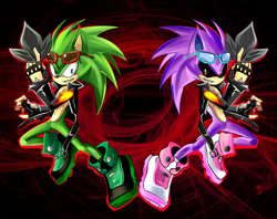 Size: 1005x794 | Tagged: safe, artist:autodi, scourge the hedgehog, super scourge, hedgehog, blue eyes, crown, fingerless gloves, glasses, glasses on head, gloves, green fur, jacket, male, purple fur, red eyes, sharp teeth, shoes, sunglasses, super form