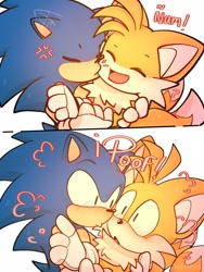 Size: 1536x2048 | Tagged: dead source, safe, artist:tetsuchibimori, miles "tails" prower, sonic the hedgehog, 2023, blushing, classic sonic, classic tails, cross popping vein, cute, duo, eyes closed, gay, holding each other, kiss on cheek, looking at each other, modern sonic, modern tails, sfx, shipping, smile, sonabetes, sonic x tails, tailabetes