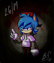 Size: 1620x1880 | Tagged: safe, artist:arivane, hedgehog, abstract background, backwards cap, blood, blood stain, boyfriend (friday night funkin'), clothes, friday night funkin, frown, gloves, hoodie, looking at viewer, mobianified, mod:tails' diary, pants, pointing, signature, solo