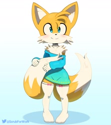 Size: 1600x1804 | Tagged: safe, artist:scrubforwork, miles "tails" prower, blushing, cute, dress, femboy, gradient background, holding tail, male, shadow (lighting), smile, solo, standing, stockings, tailabetes