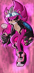 Size: 604x1280 | Tagged: safe, artist:knuckledrag, scourge the hedgehog, super scourge, hedgehog, crown, fingerless gloves, glasses, glasses on head, gloves, jacket, male, purple fur, red eyes, scars, sharp teeth, shoes, sunglasses, super form