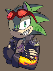 Size: 1280x1708 | Tagged: safe, artist:angelicneonanime, scourge the hedgehog, hedgehog, blue eyes, fingerless gloves, glasses, glasses on head, gloves, green fur, jacket, male, scars, sharp teeth, sunglasses