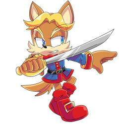 Size: 894x894 | Tagged: safe, artist:florynrosee, antoine d'coolette, coyote, antoine's uniform, belt, blue eyes, boots, brown fur, eye clipping through hair, jacket, male, solo, sword