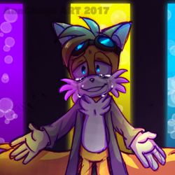 Size: 1280x1280 | Tagged: safe, artist:jokesitos-art, miles "tails" prower, abstract background, alternate universe, arms out, au:mad scientist, crying, goggles, lab coat, lidded eyes, looking offscreen, smile, solo, spectra, standing, tears, watermark