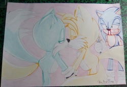 Size: 975x670 | Tagged: safe, artist:noooonswing, miles "tails" prower, sonic the hedgehog, oc, oc:maxximus, fox, canon x oc, gay, kiss, nosebleed, shipping, traditional media