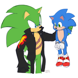 Size: 500x500 | Tagged: safe, artist:solar socks, scourge the hedgehog, sonic the hedgehog, hedgehog, blue eyes, blue fur, fingerless gloves, gloves, green eyes, green fur, jacket, male, scars, shoes, socks