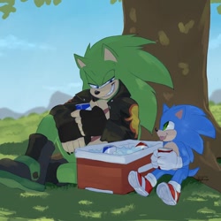 Size: 1080x1080 | Tagged: safe, artist:solar socks, scourge the hedgehog, sonic the hedgehog, hedgehog, blue eyes, blue fur, boots, fingerless gloves, gloves, green eyes, green fur, jacket, male, pepsi, scars, sharp teeth, shoes, socks, tongue out, tree