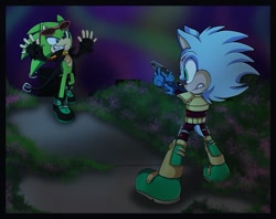 Size: 1005x795 | Tagged: safe, artist:pendulonium, scourge the hedgehog, sonic the hedgehog, zonic the zone cop, hedgehog, blue eyes, blue fur, collar, fingerless gloves, glasses, glasses on head, gloves, green eyes, green fur, gun, jacket, male, scars, shoes, sunglasses, zone cop outfit