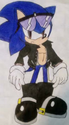 Size: 320x576 | Tagged: safe, artist:djayterios1996, sonic the hedgehog, hedgehog, 2018, anti-sonic, boots, chain, frown, jacket, looking at viewer, male, one fang, solo, standing, sunglasses, traditional media