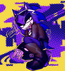 Size: 1799x1969 | Tagged: safe, artist:wewour, sonic the hedgehog, hedgehog, abstract background, anti-sonic, boots, female, fishnets, gender swap, horn sign, jacket, lidded eyes, looking at viewer, sharp teeth, shirt, signature, solo, sunglasses, tongue out, tongue piercing