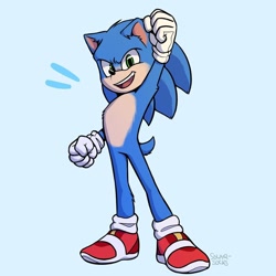 Size: 828x828 | Tagged: safe, artist:solar socks, sonic the hedgehog, hedgehog, blue fur, gloves, green eyes, male, shoes, socks