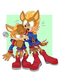 Size: 1024x1326 | Tagged: safe, artist:salsacoyote, antoine d'coolette, oc, oc:sinclair d'coolette, coyote, alternate universe, belt, blue eyes, boots, brown fur, duo, jacket, male, noogie, twins