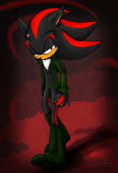 Size: 739x1080 | Tagged: safe, artist:blackhearted-hero, shadow the hedgehog, hedgehog, black fur, boots, jacket, male, red eyes, red fur, scar