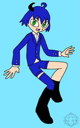 Size: 709x1127 | Tagged: safe, artist:noooonswing, sonic the hedgehog, human, asymmetrical footwear, asymmetrical legwear, blazer, blue hair, boots, green eyes, horn, humanized, male, shirt, shorts, single boot, single knee boot, single thighhigh