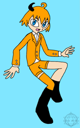 Size: 709x1127 | Tagged: safe, artist:noooonswing, miles "tails" prower, human, asymmetrical footwear, asymmetrical legwear, blazer, blue eyes, boots, horn, humanized, male, orange hair, shirt, shorts, single boot, single knee boot, single thighhigh