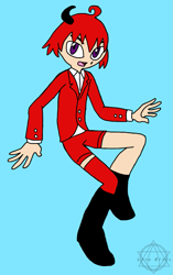 Size: 709x1127 | Tagged: safe, artist:noooonswing, knuckles the echidna, human, asymmetrical footwear, asymmetrical legwear, blazer, boots, horn, humanized, male, purple eyes, red hair, shirt, shorts, single boot, single knee boot, single thighhigh