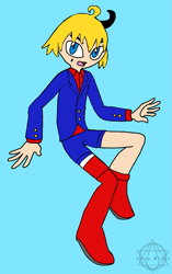 Size: 709x1127 | Tagged: safe, artist:noooonswing, antoine d'coolette, human, asymmetrical footwear, asymmetrical legwear, blazer, blue eyes, boots, horn, humanized, male, shirt, shorts, single boot, single knee boot, single leg pantyhose, single thighhigh, yellow hair