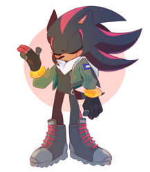 Size: 1280x1477 | Tagged: safe, artist:scuttletown, shadow the hedgehog, hedgehog, black fur, boots, eyes closed, fingerless gloves, gloves, jacket, male, red fur