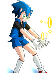 Size: 827x1104 | Tagged: safe, artist:moonlight7earltea, sonic the hedgehog, human, anime, gloves, hedgehog tail, humanized, long socks, male, partially humanized, rings, simple background, solo, white background, youtube link in description