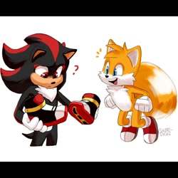 Size: 1080x1080 | Tagged: safe, artist:solar socks, miles "tails" prower, shadow the hedgehog, fox, hedgehog, black fur, flying, gloves, male, movie style, orange fur, question mark, red fur, shadow's hover skates, shoes, socks