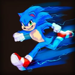 Size: 828x828 | Tagged: safe, artist:solar socks, sonic the hedgehog, hedgehog, blue fur, electricity, gloves, green eyes, male, movie style, running, shoes, socks